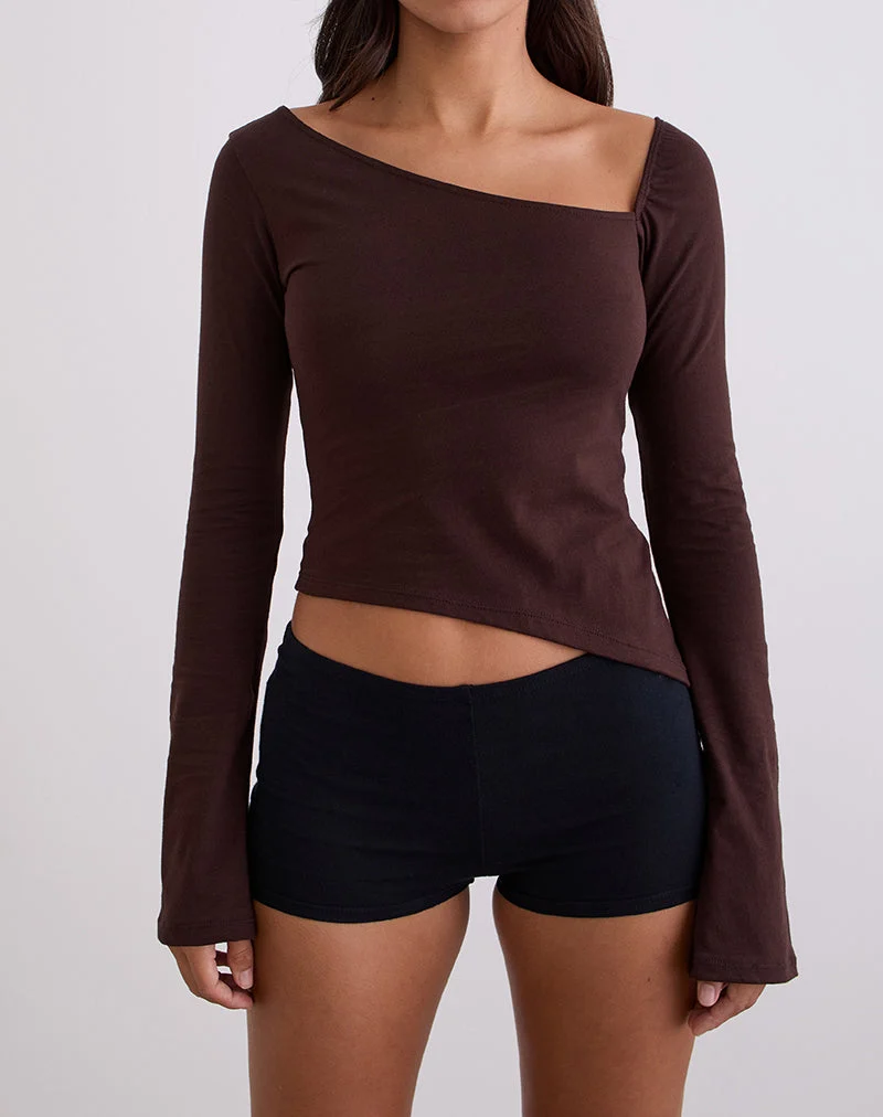 Top à manches longues asymétriques Dalene, chocolat amer