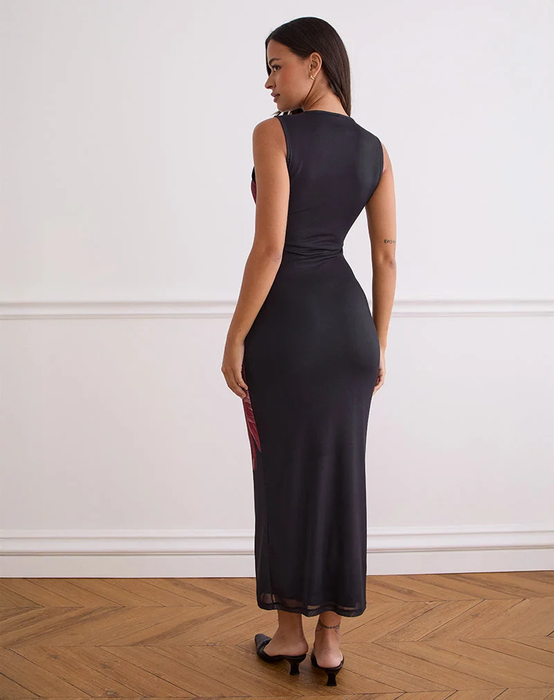Robe longue Fayola en noir avec fleur aquarelle en bourgogne