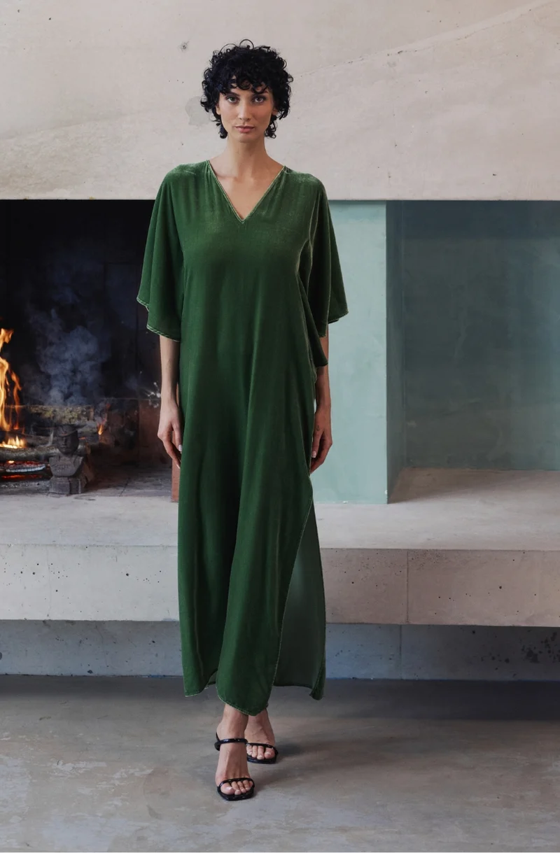 Robe longue Bruna en velours vert