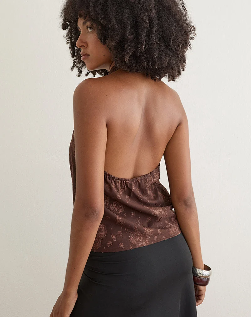 Haut à capuche « Greece » en mousseline jacquard à motifs floraux, marron