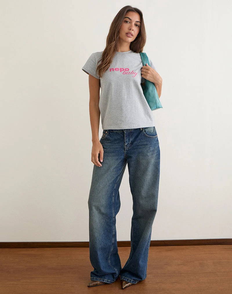 T-shirt ample Clio, gris chiné, avec motif « Nepo Baby »