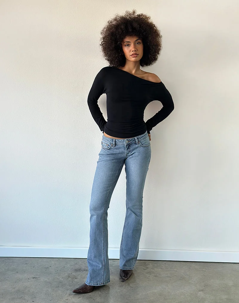 Jean évasé extensible à taille ultra basse, bleu moyen