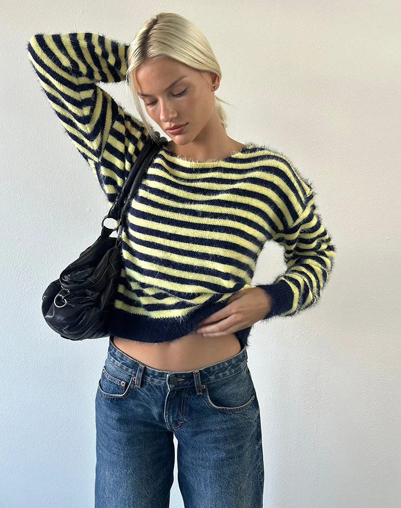 Pull Zalo en maille rayée jaune et bleu marine