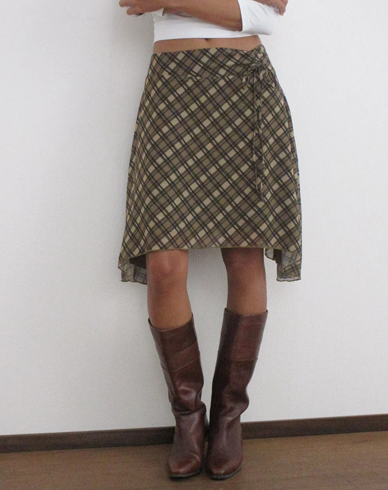 Jupe Zahlia en mousseline à carreaux vintage, couleur olive