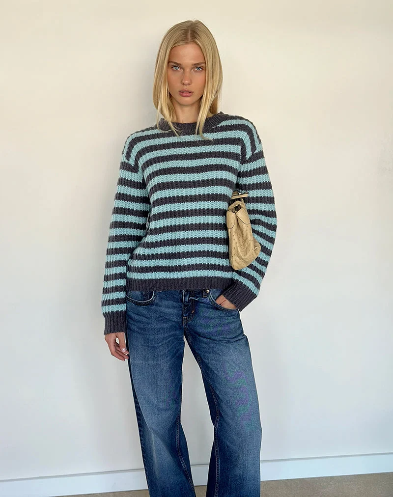 Pull Namirta bleu clair à rayures gris foncé