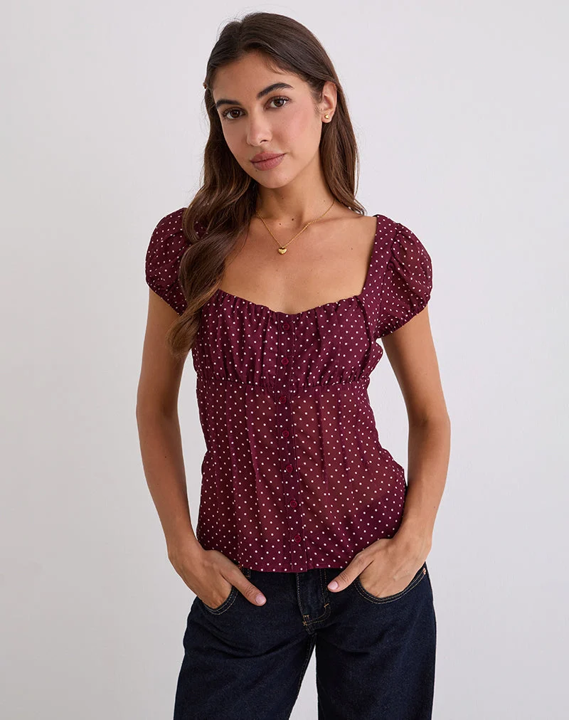 Rolina Blouse in Chiffon Mini Polka Burgundy