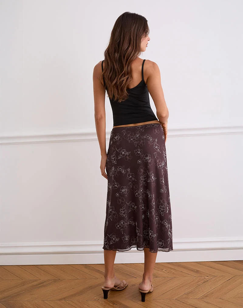 Jupe midi Atira, Doodle Flower Flock Brown