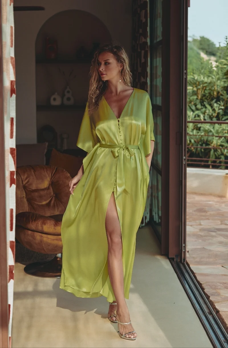Robe caftan en soie verte Calista