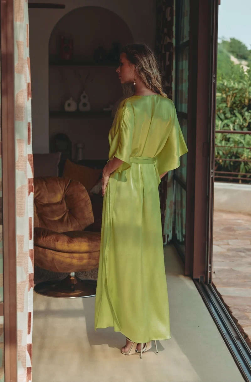 Robe caftan en soie verte Calista