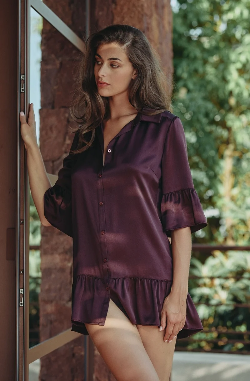 Robe chemise en soie brune Calista