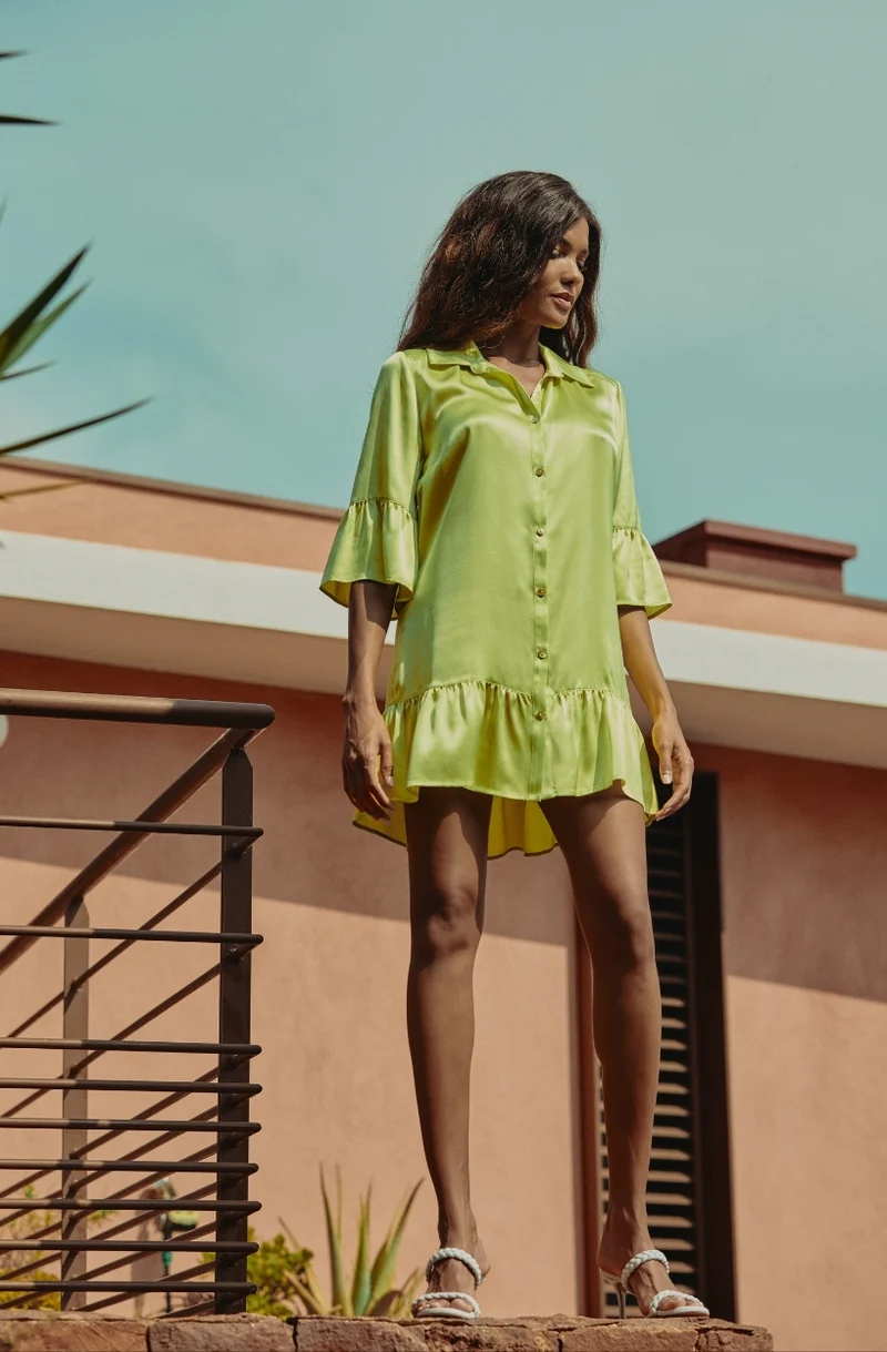 Robe chemise en soie verte Calista