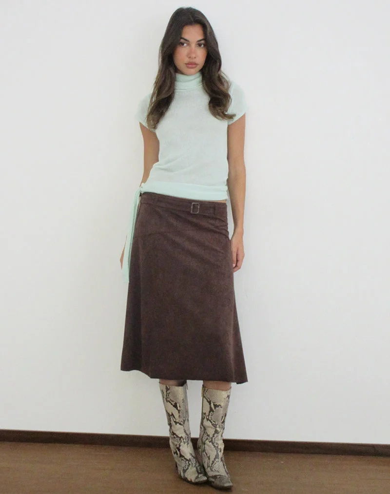 Jupe midi Suzu en simili-daim marron foncé