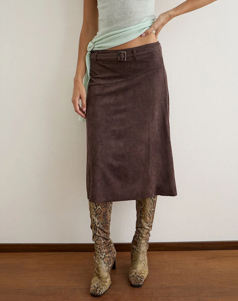 Jupe midi Suzu en simili-daim marron foncé