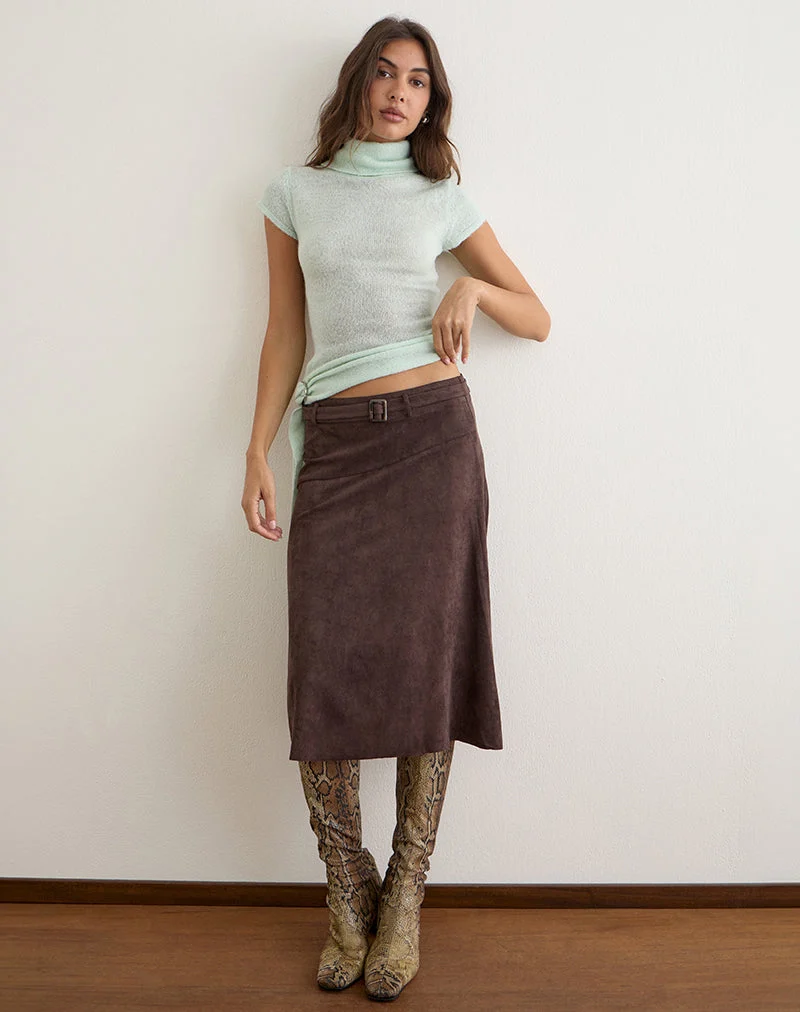 Jupe midi Suzu en simili-daim marron foncé