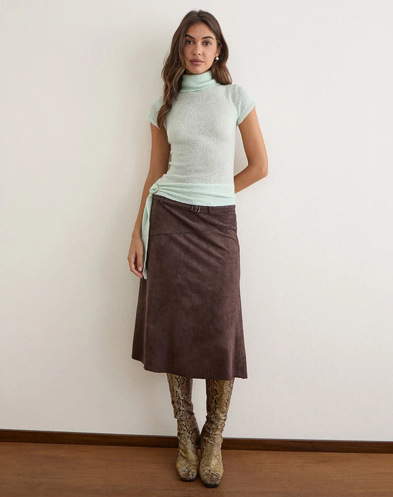 Jupe midi Suzu en simili-daim marron foncé