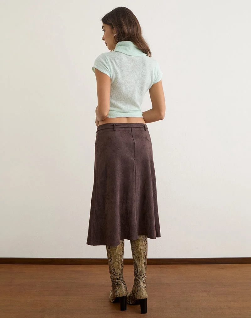 Jupe midi Suzu en simili-daim marron foncé