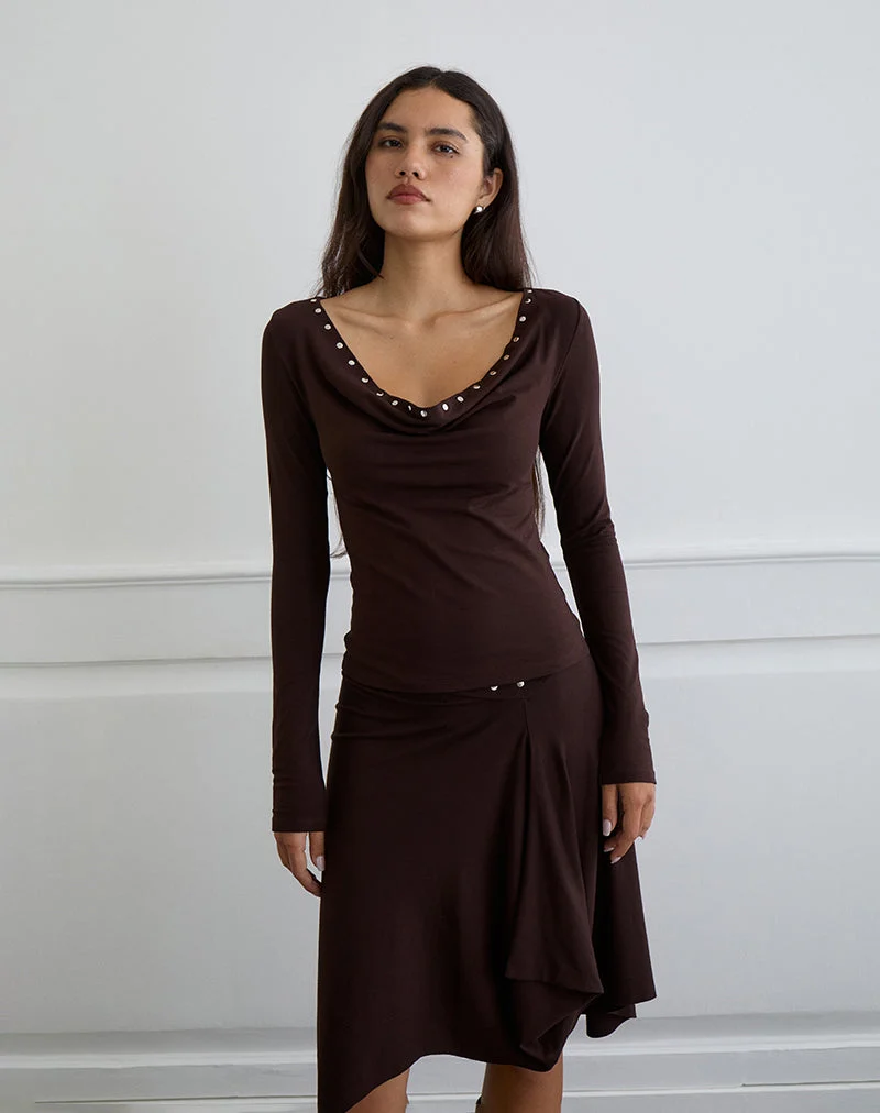 Scanio Long Sleeve Cowl Top with Studs in Bitter Chocolate (Haut de forme à manches longues et clous en chocolat amer)