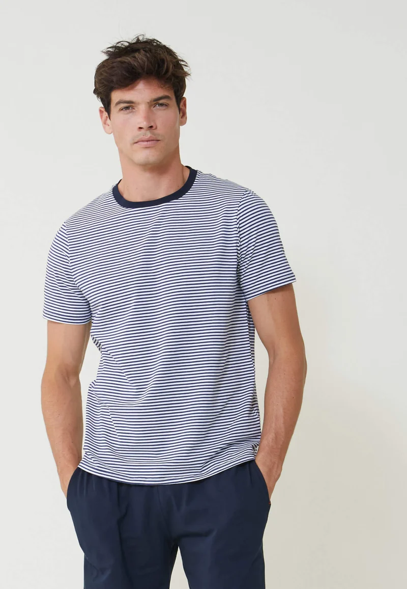 Ensemble pyjama haut marinière et short bleu marine en coton - Pyjama Haut Manches Courtes Et Bas De Pyjama Court Jeason Marine Marinière