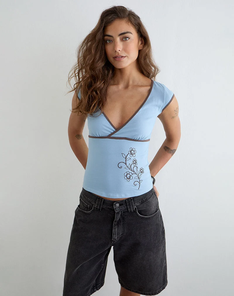 Haut Liuvia bleu Nantucket avec bordure en quartz café et broderie florale