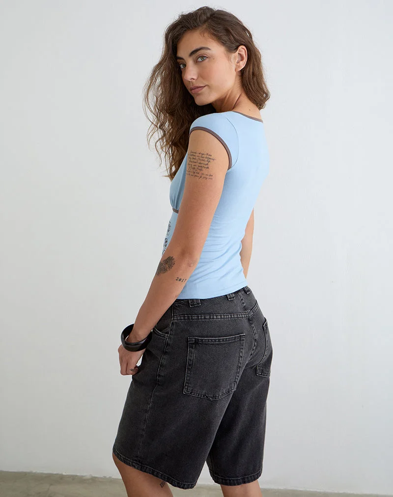Haut Liuvia bleu Nantucket avec bordure en quartz café et broderie florale