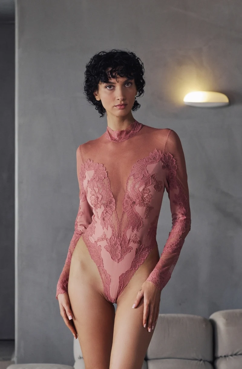 Body à manches longues Bonnie en maille et dentelle rose