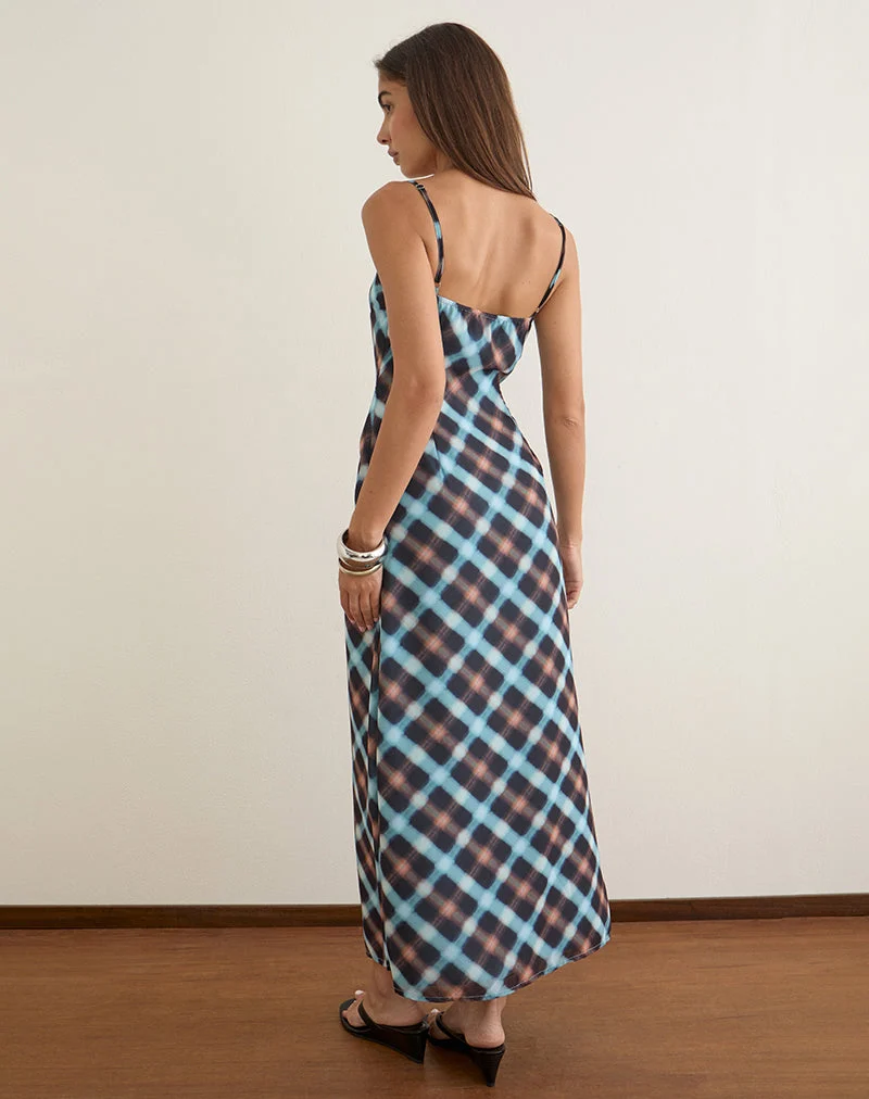 Robe Bianna en mousseline noire et bleue à carreaux vaporeux