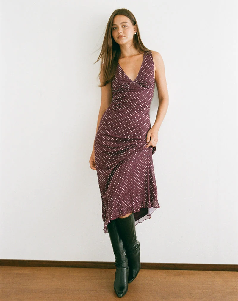 Robe mi-longue Gabriela marron à micro-motifs à pois