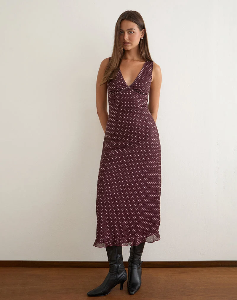 Robe mi-longue Gabriela marron à micro-motifs à pois