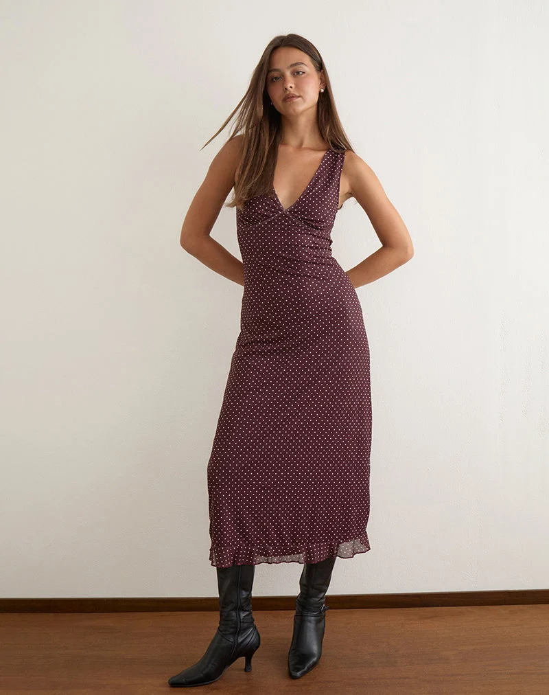 Robe mi-longue Gabriela marron à micro-motifs à pois