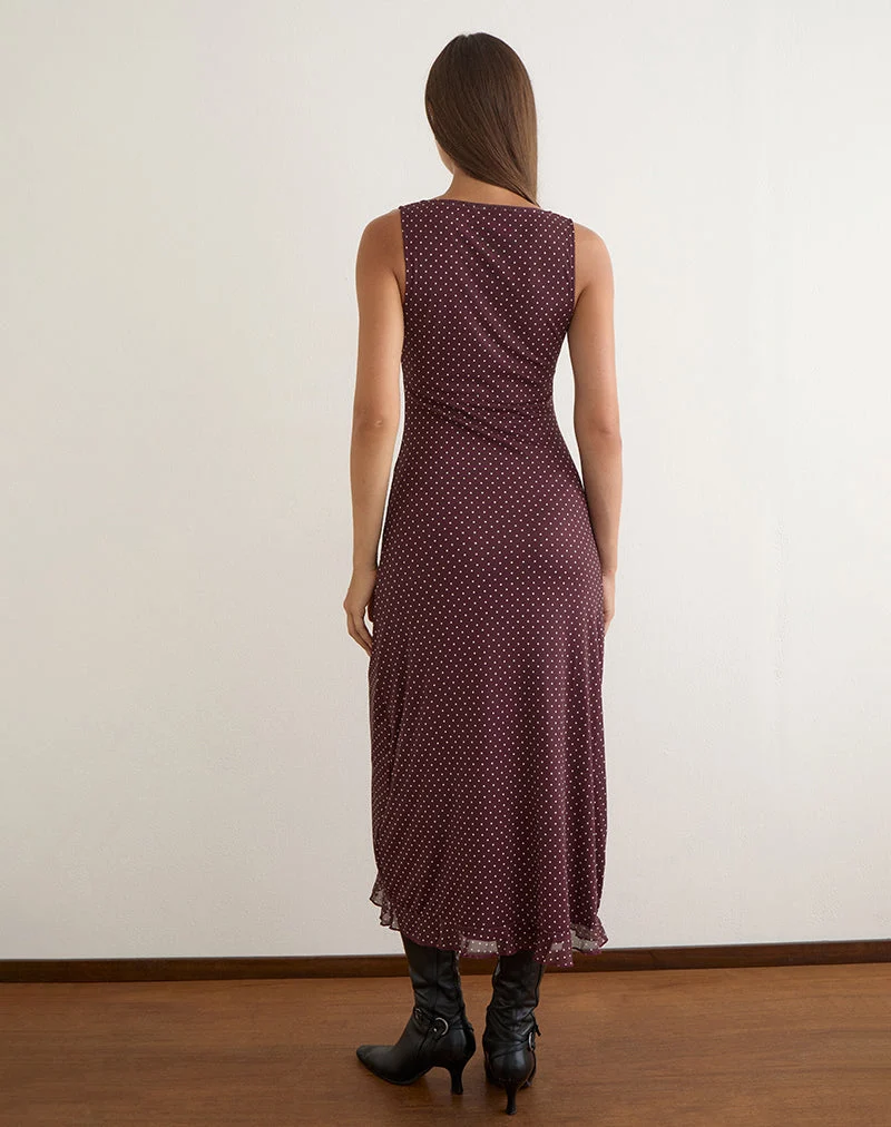 Robe mi-longue Gabriela marron à micro-motifs à pois