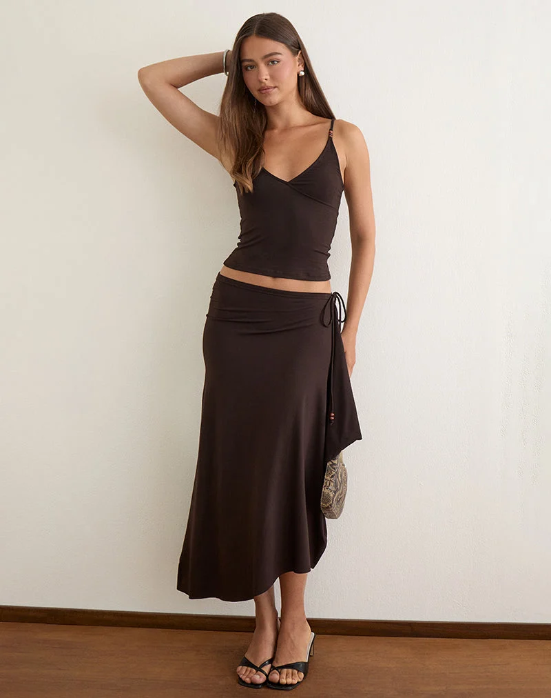 Jupe longue Phemia avec perles, en jersey marron chocolat