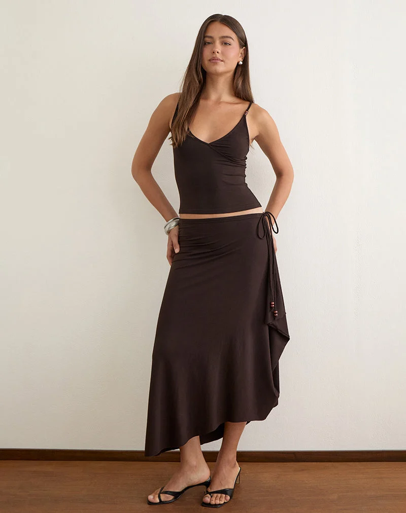 Jupe longue Phemia avec perles, en jersey marron chocolat