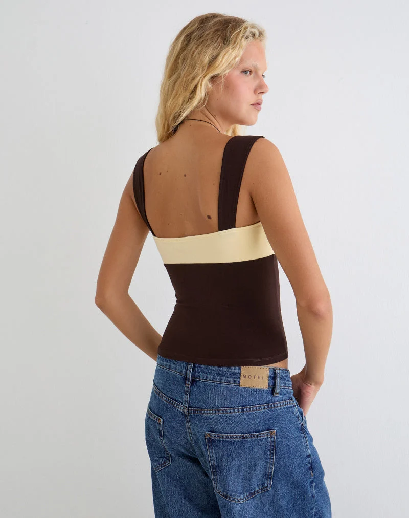 Haut « Lure » en jersey de rayonne, couleur chocolat amer et jaune citron
