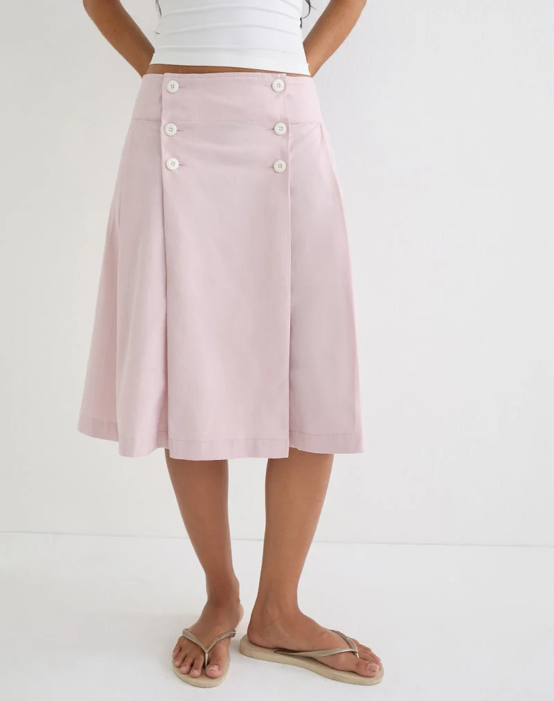Jupe midi plissée Babete en sergé de coton rose pâle