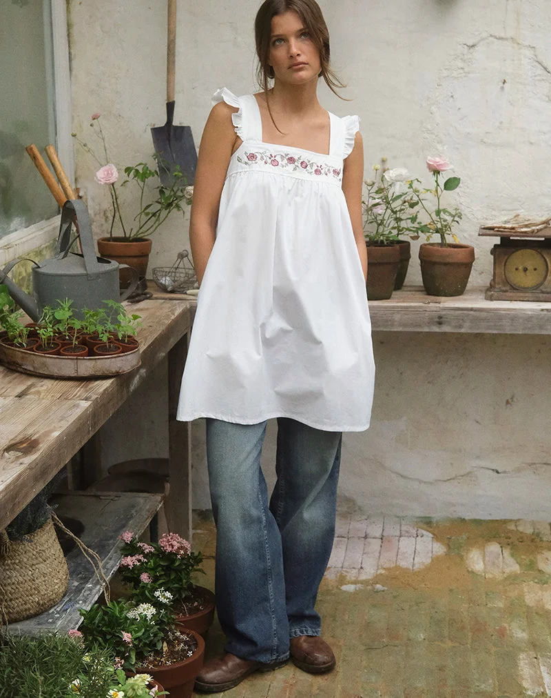 Mini-robe Sanaly en popeline blanche avec broderie de fleurs de cerisier