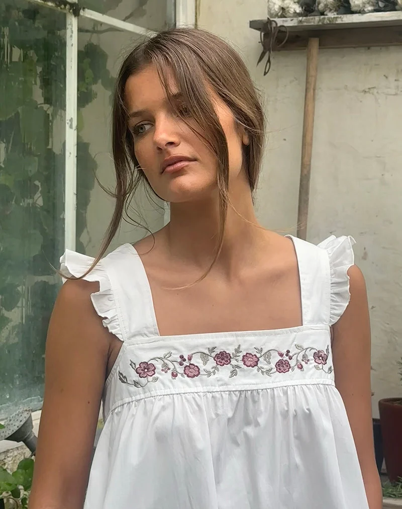 Mini-robe Sanaly en popeline blanche avec broderie de fleurs de cerisier