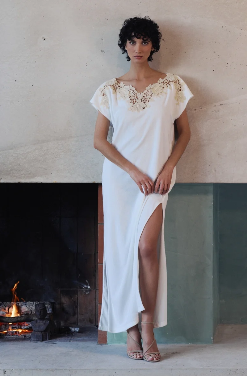 Chemise de nuit longue Bianca en molleton de coton blanc et guipure