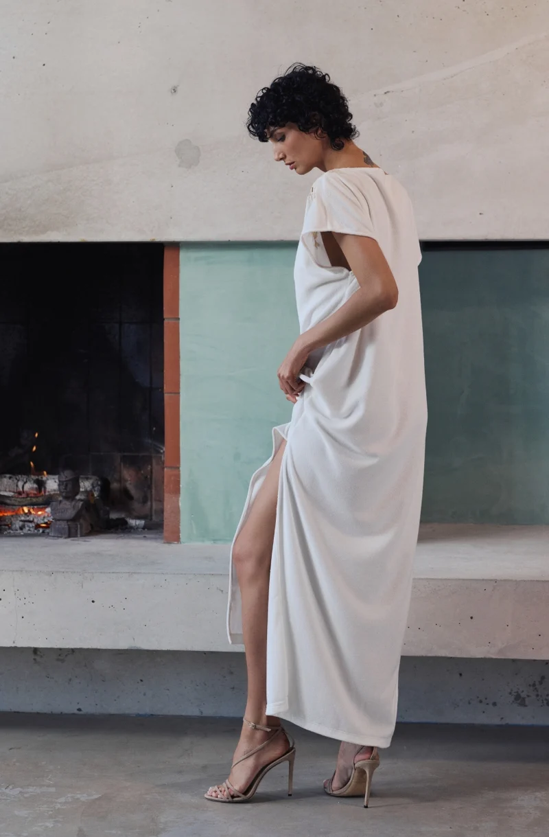 Chemise de nuit longue Bianca en molleton de coton blanc et guipure