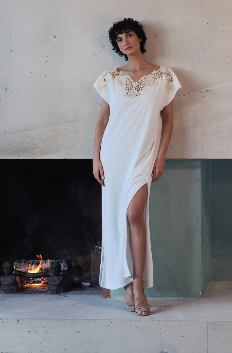 Chemise de nuit longue Bianca en molleton de coton blanc et guipure