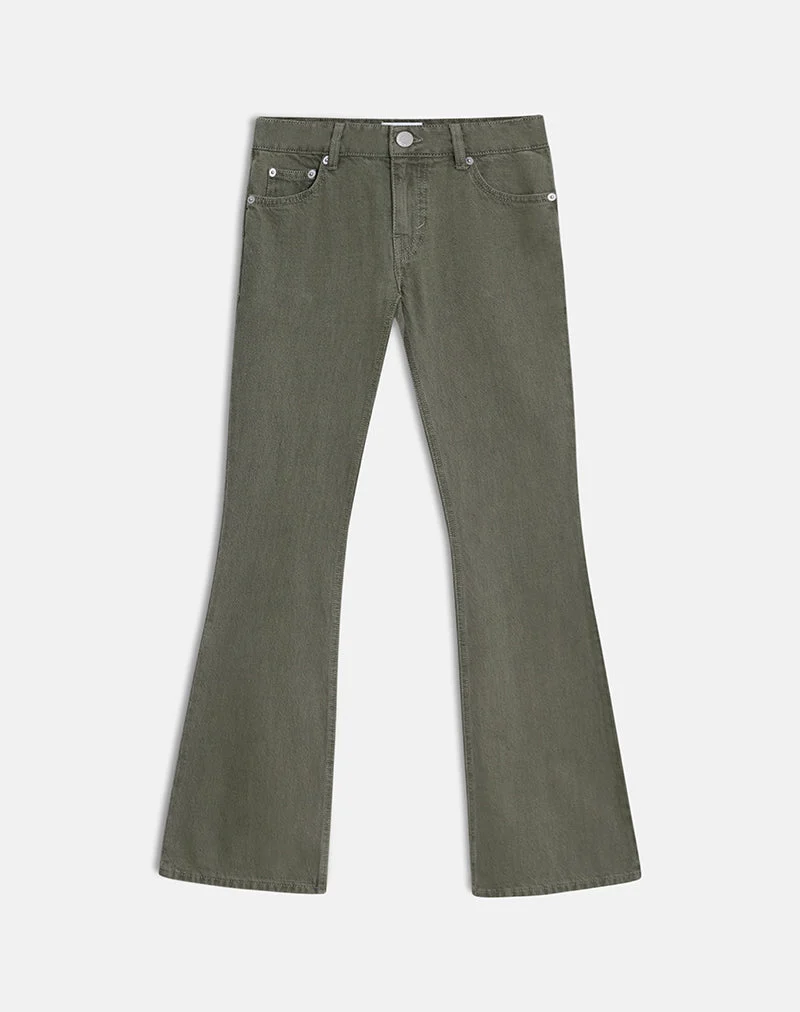 Jean évasé à taille très basse, couleur olive