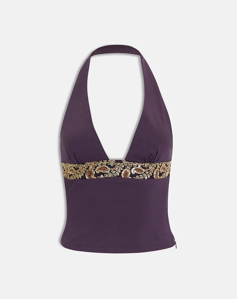 Haut dos nu Orvio, couleur violet foncé, avec bordure brodée de paillettes