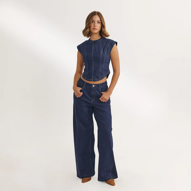 Jean Large à Taille Basse - Indigo