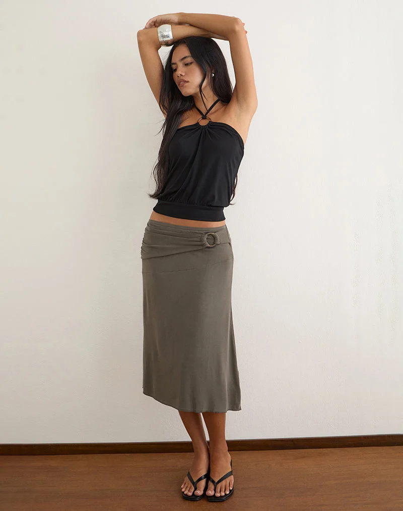 Jupe mi-longue Yusra en cupro, marron foncé