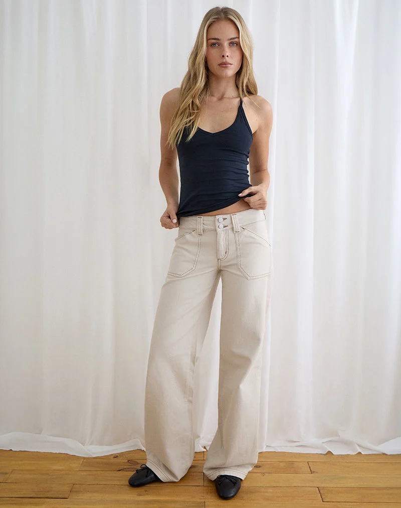 Jean cargo décontracté à taille basse, couleur blanc cassé