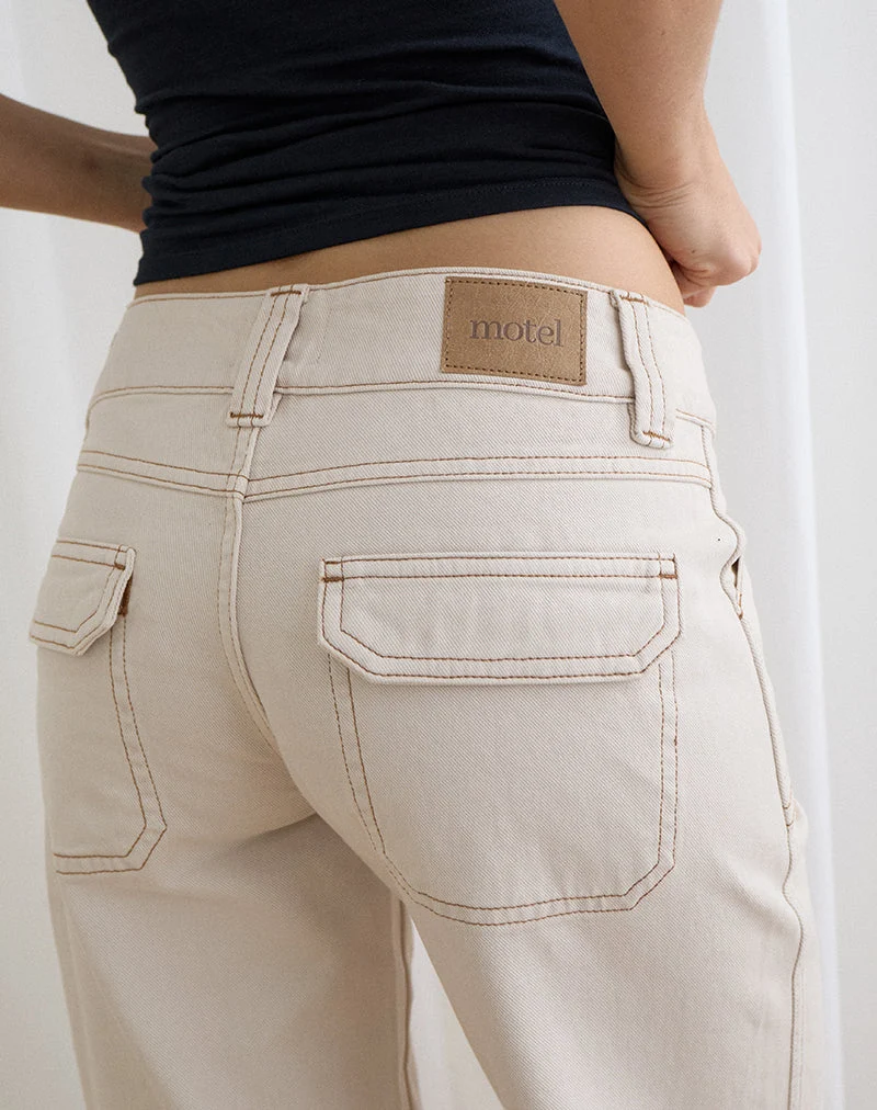 Jean cargo décontracté à taille basse, couleur blanc cassé