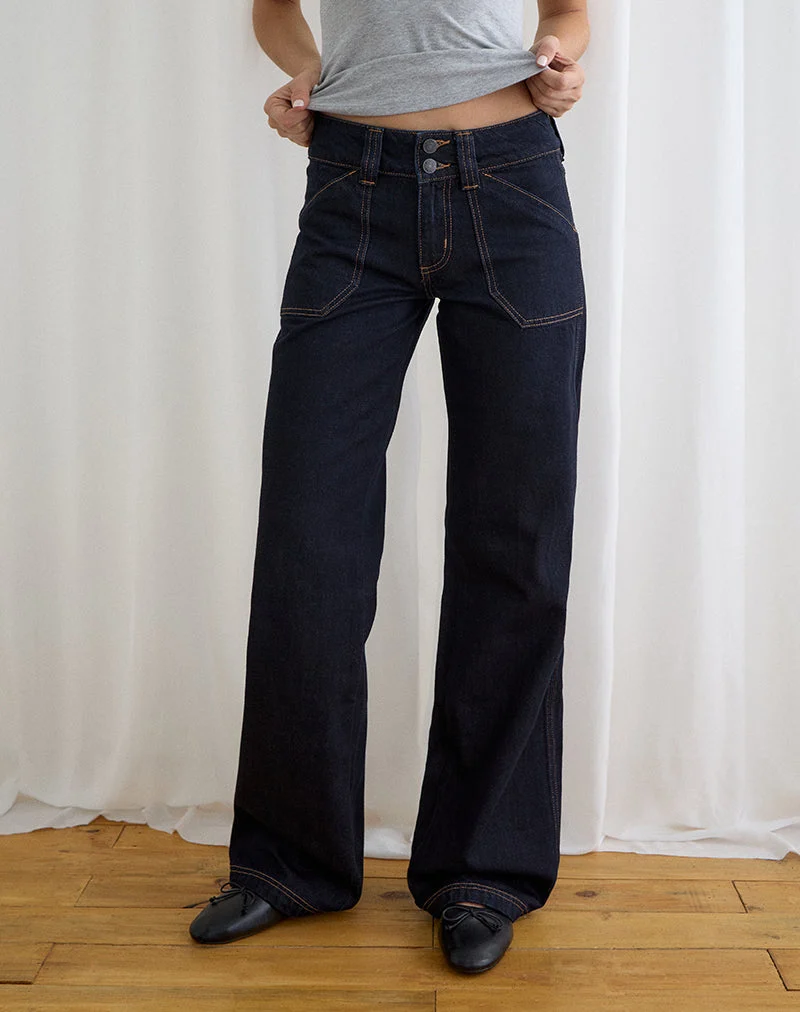 Jean cargo décontracté à taille basse, couleur indigo