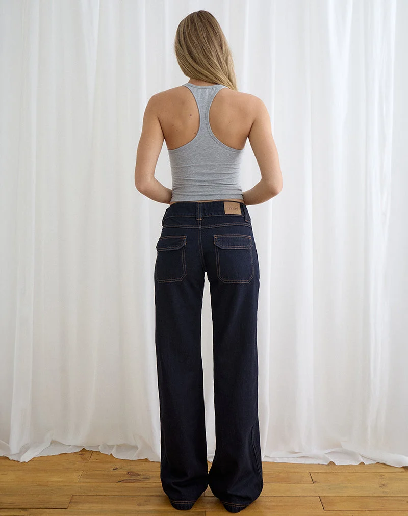 Jean cargo décontracté à taille basse, couleur indigo