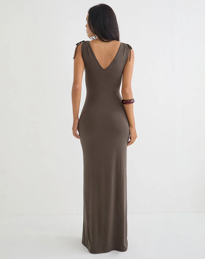 Robe longue décolletée Sanyu en cupro, marron foncé