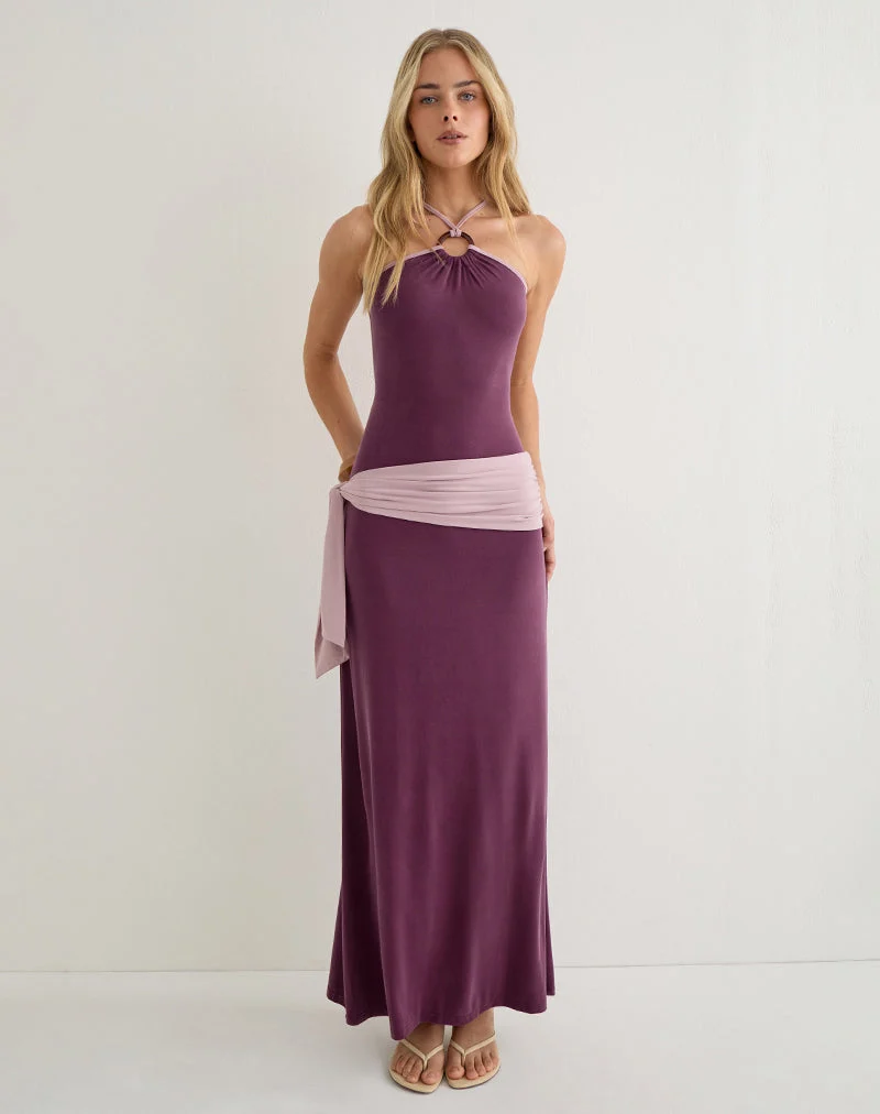 Robe longue Moisa en cupro, violet foncé et rose poudré