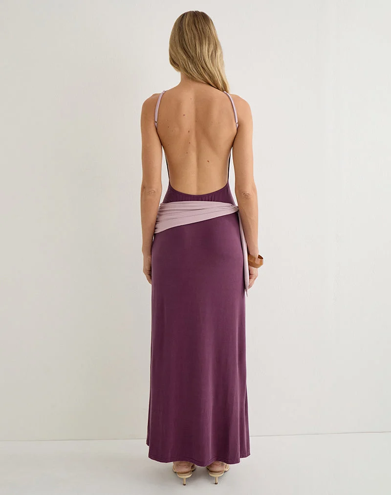 Robe longue Moisa en cupro, violet foncé et rose poudré